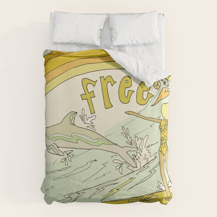 follow the dolphins you will feel free // retro surf art by surfy birdy Duvet Cover Gallery Image 6