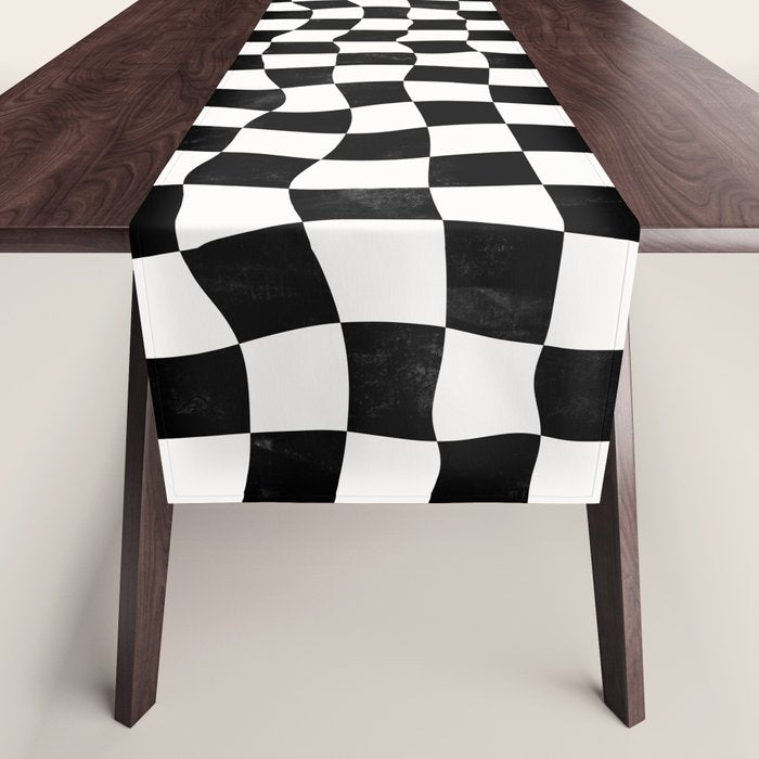 Black and White Warped Checkerboard Table Runner Gallery Image 1