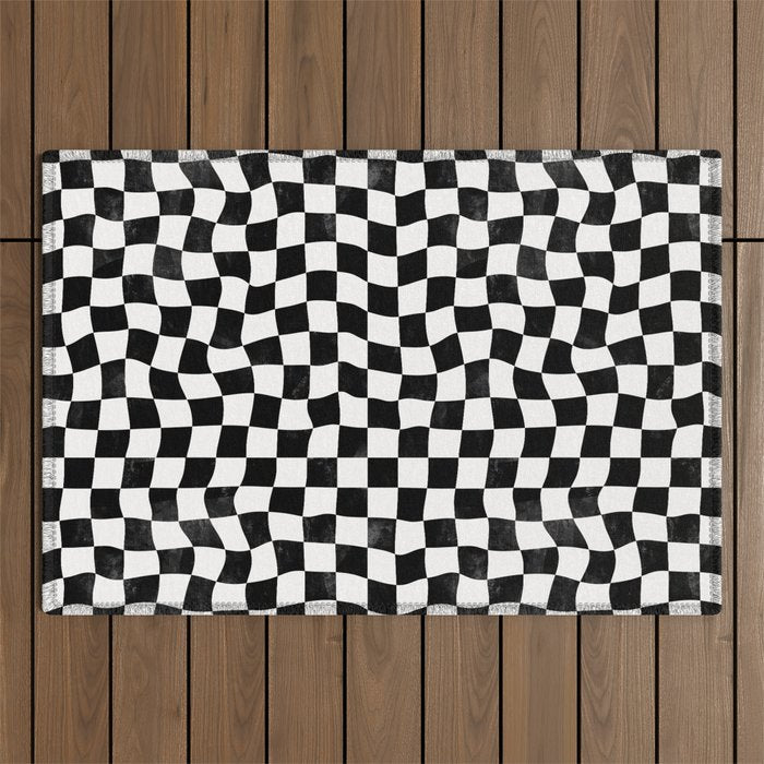 Black and White Warped Checkerboard Outdoor Rug Gallery Image 1