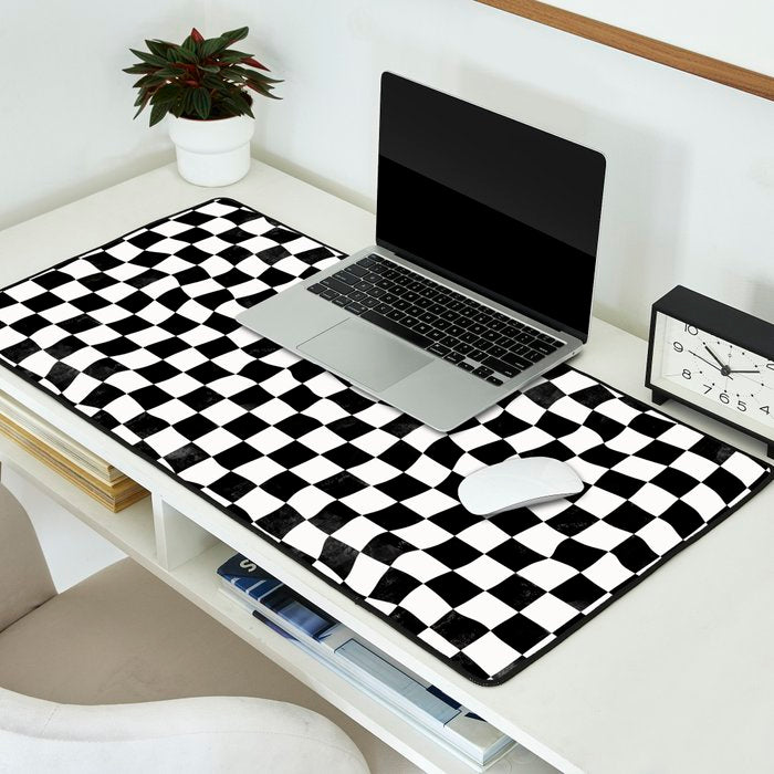 Black and White Warped Checkerboard Desk Mat Gallery Image 2