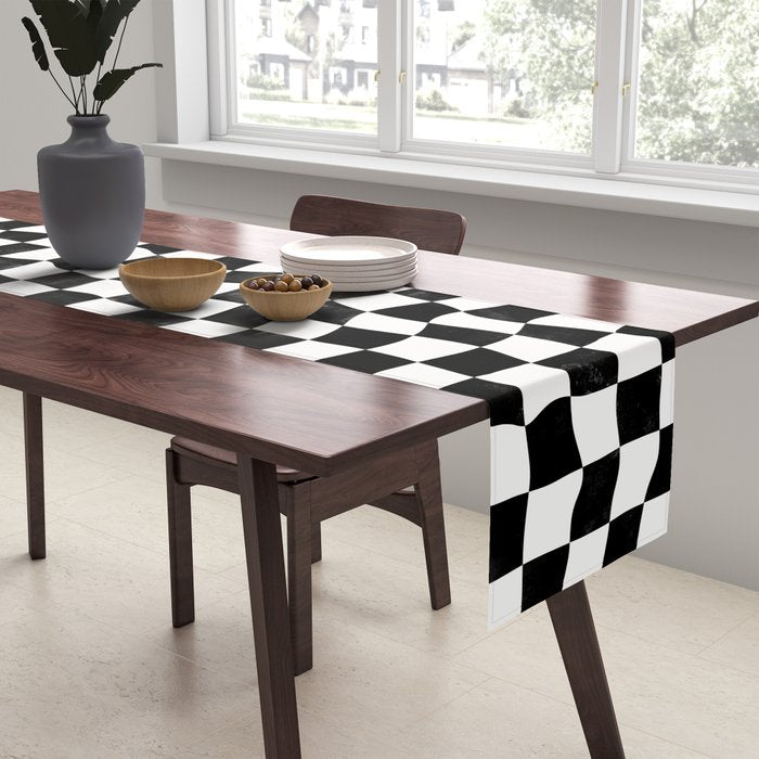 Black and White Warped Checkerboard Table Runner Gallery Image 2