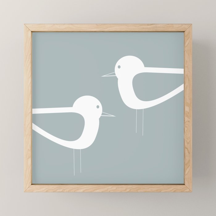 Shorebird Pair Minimalist Coastal Bird Couple in Light Blue-Gray and White Mini Art Print Gallery Image 1