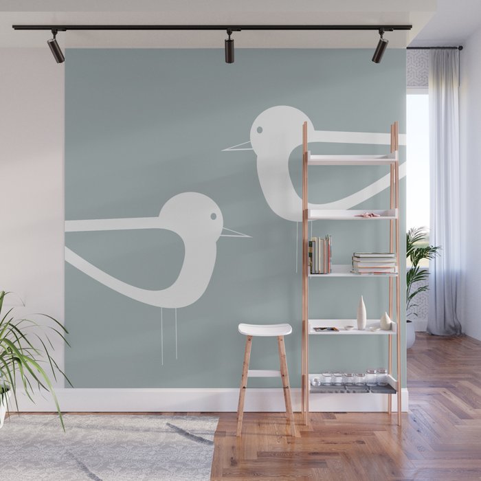Shorebird Pair Minimalist Coastal Bird Couple in Light Blue-Gray and White Wall Mural Gallery Image 1
