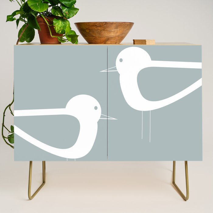 Shorebird Pair Minimalist Coastal Bird Couple in Light Blue-Gray and White Credenza Gallery Image 1