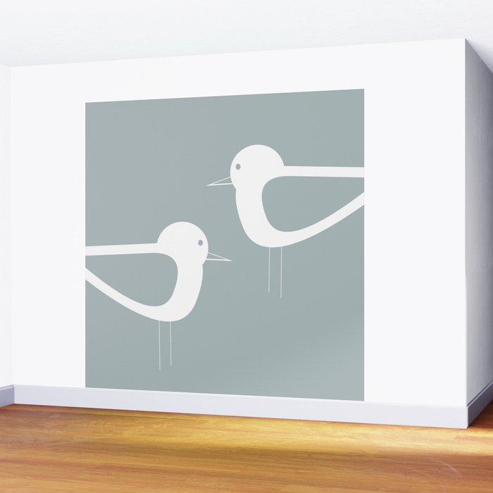 Shorebird Pair Minimalist Coastal Bird Couple in Light Blue-Gray and White Wall Mural Gallery Image 2