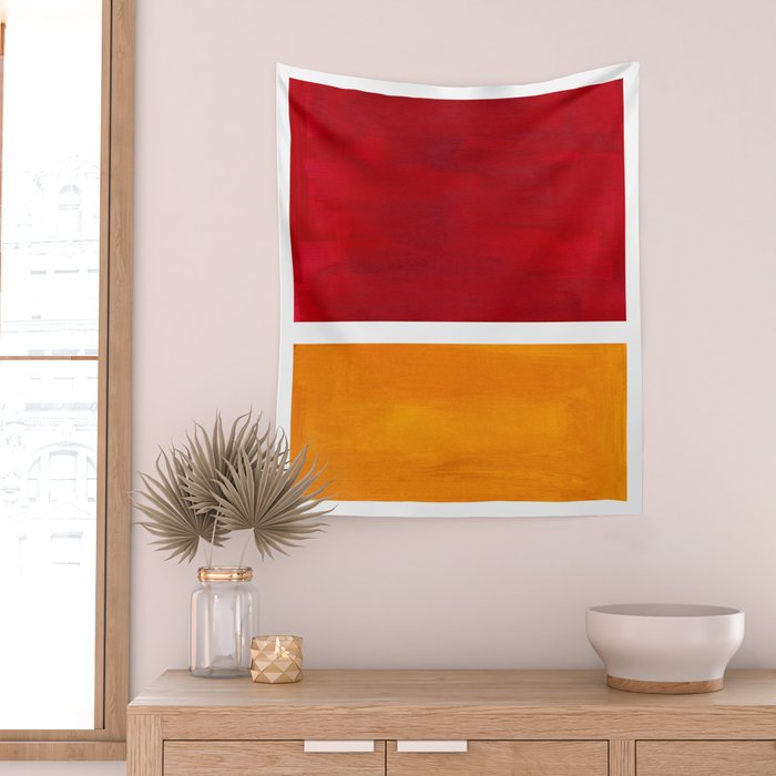 Burnt Red Yellow Ochre Mid Century Modern Abstract Minimalist Rothko Color Field Squares Wall Tapestry Gallery Image 2