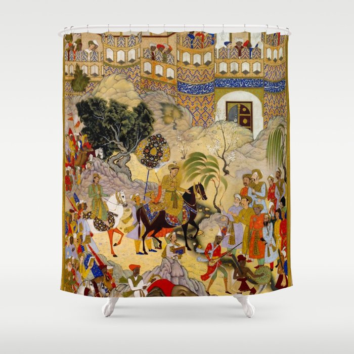 Farrukh Beg. Akbar's Triumphal Entry into Surat. Akbarnama Shower Curtain Gallery Image 1