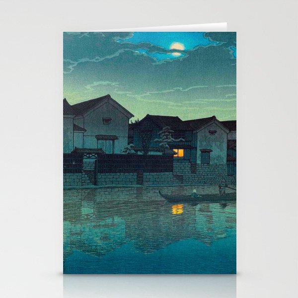 Kawase Hasui Vintage Japanese Woodblock Print Japanese Village Under Moonlight Cloudy Sky Stationery Card Gallery Image 1