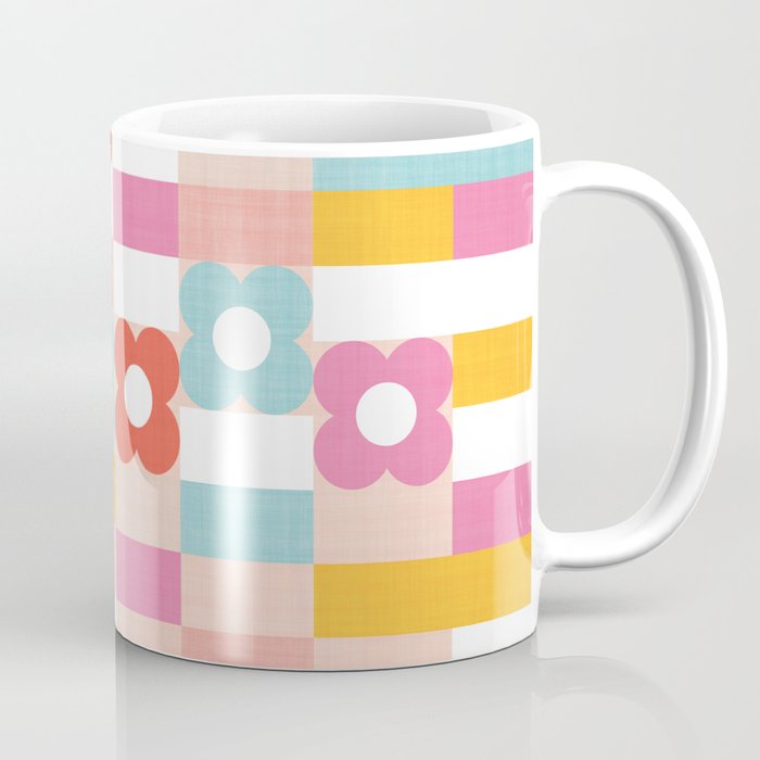 Retro Rainbow floral check pattern Coffee Mug Gallery Image 1