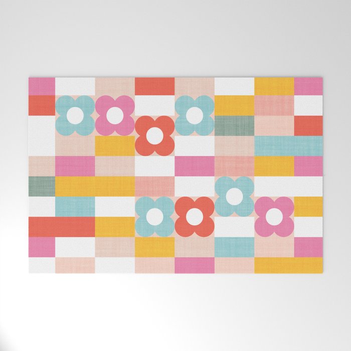 Retro Rainbow floral check pattern Welcome Mat Gallery Image 1