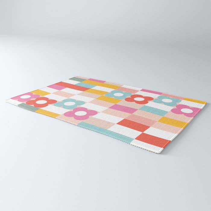 Retro Rainbow floral check pattern Rug Gallery Image 3