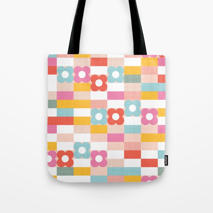Retro Rainbow floral check pattern Tote Bag Gallery Image 1