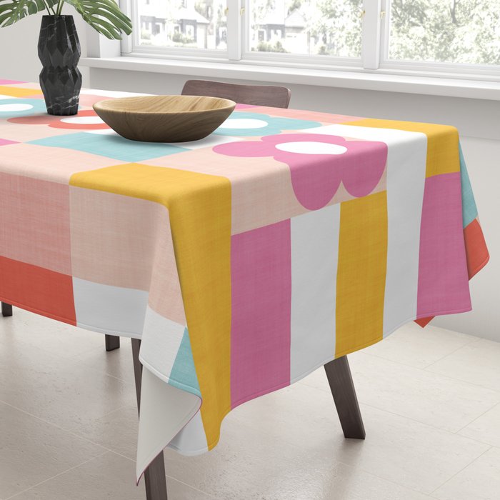 Retro Rainbow floral check pattern Tablecloth Gallery Image 3