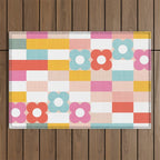 Retro Rainbow floral check pattern Outdoor Rug Gallery Image 1