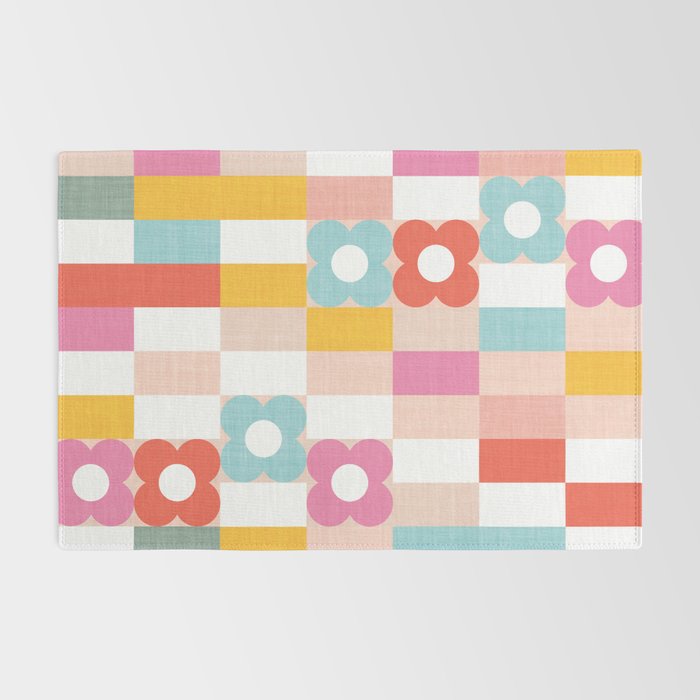 Retro Rainbow floral check pattern Rug Gallery Image 2