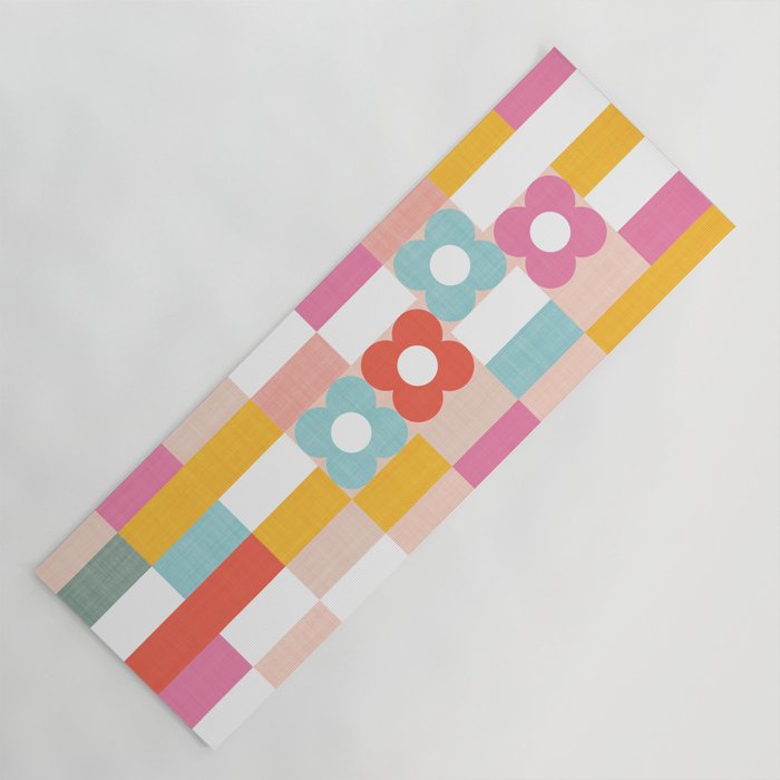 Retro Rainbow floral check pattern Yoga Mat Gallery Image 1