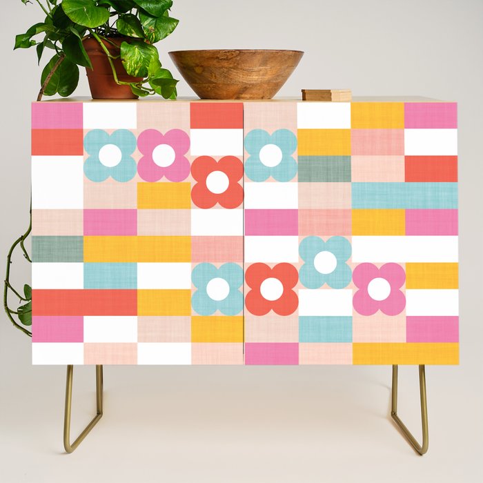 Retro Rainbow floral check pattern Credenza Gallery Image 1