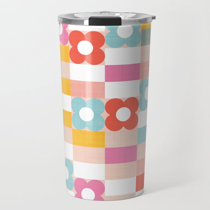 Retro Rainbow floral check pattern Travel Mug Gallery Image 1