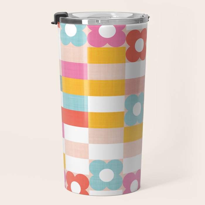 Retro Rainbow floral check pattern Travel Mug Gallery Image 3