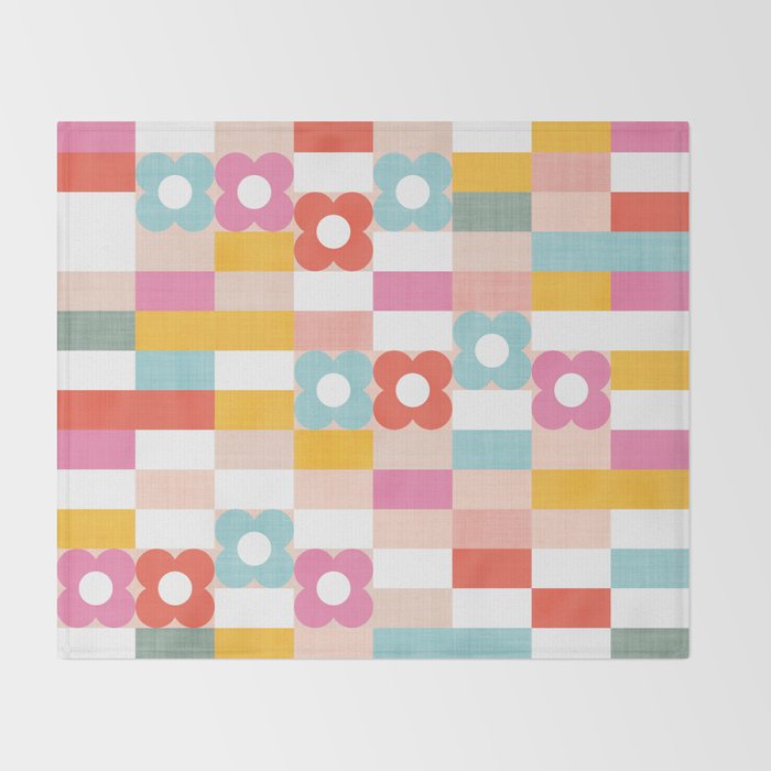 Retro Rainbow floral check pattern Throw Blanket Gallery Image 2