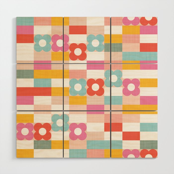 Retro Rainbow floral check pattern Wood Wall Art Gallery Image 1