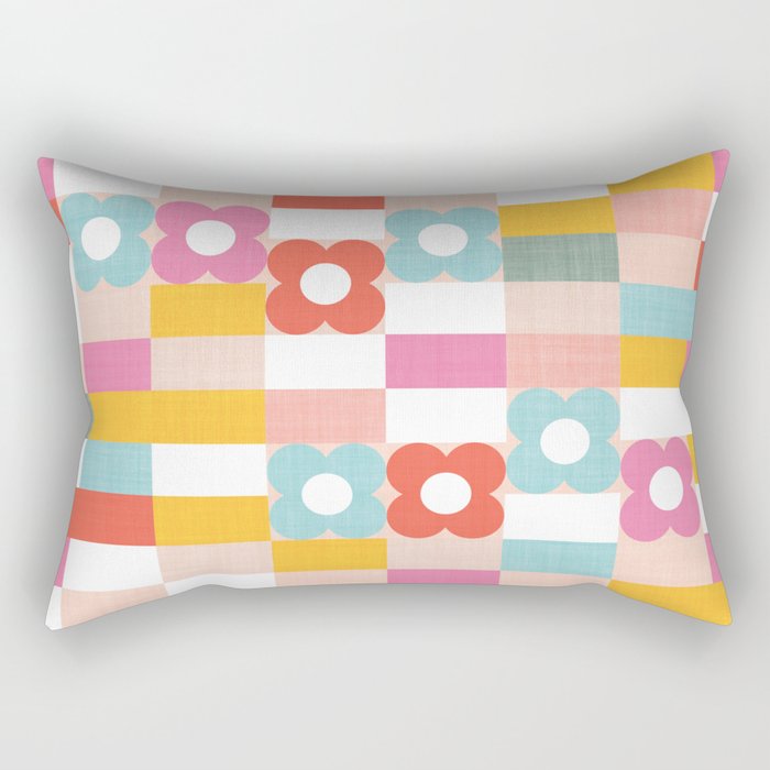 Retro Rainbow floral check pattern Rectangular Pillow Gallery Image 2