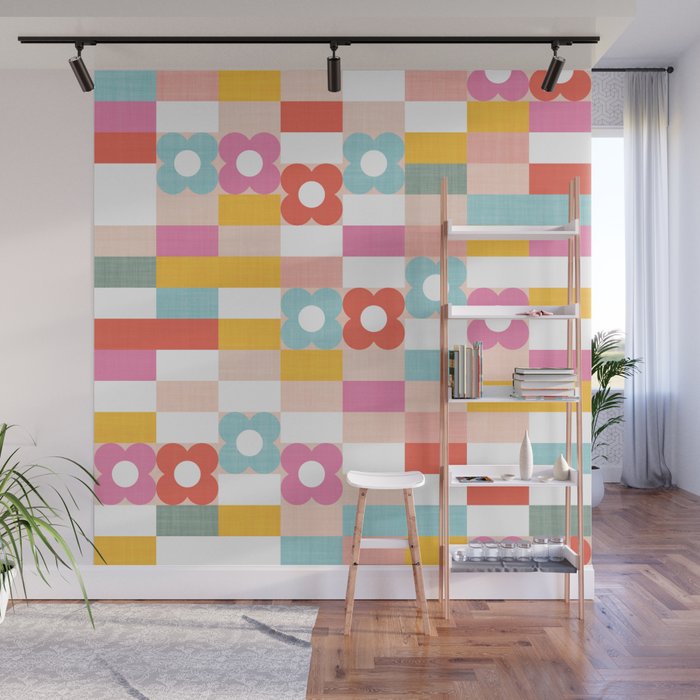 Retro Rainbow floral check pattern Wall Mural Gallery Image 1