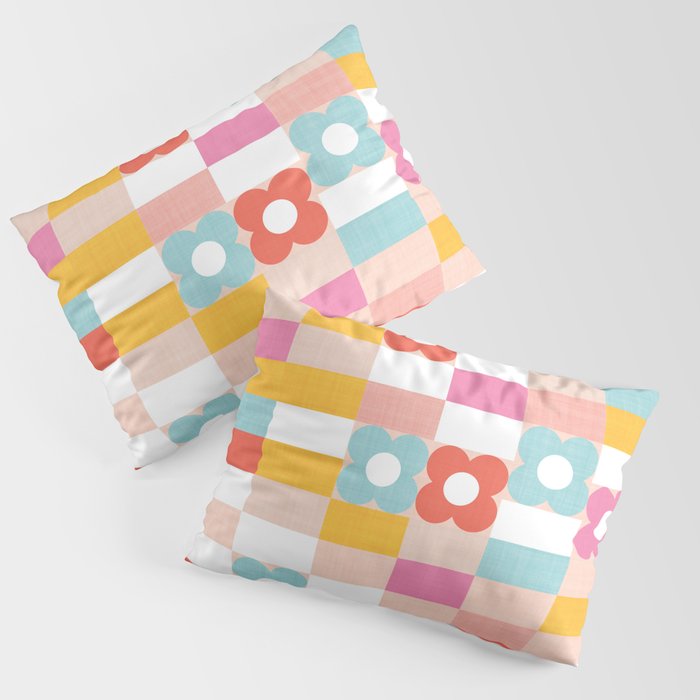 Retro Rainbow floral check pattern Pillow Sham Gallery Image 3