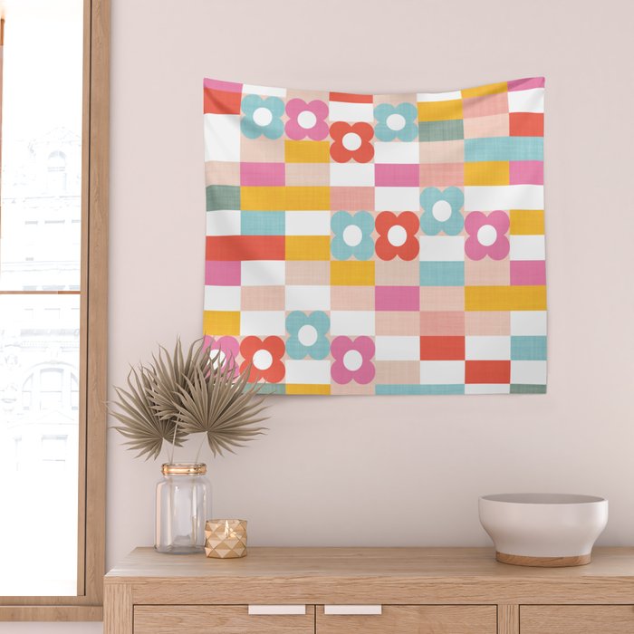 Retro Rainbow floral check pattern Wall Tapestry Gallery Image 2