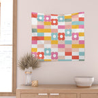 Retro Rainbow floral check pattern Wall Tapestry Gallery Image 2