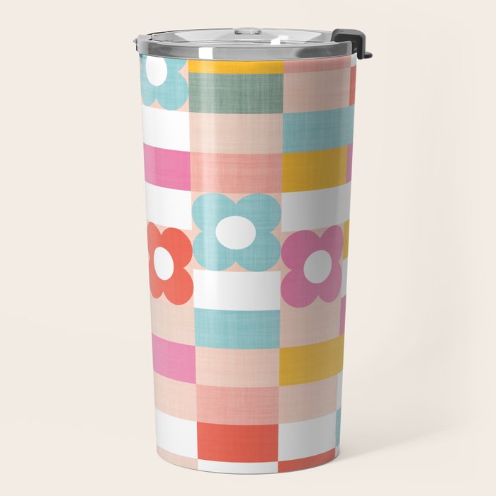 Retro Rainbow floral check pattern Travel Mug Gallery Image 2