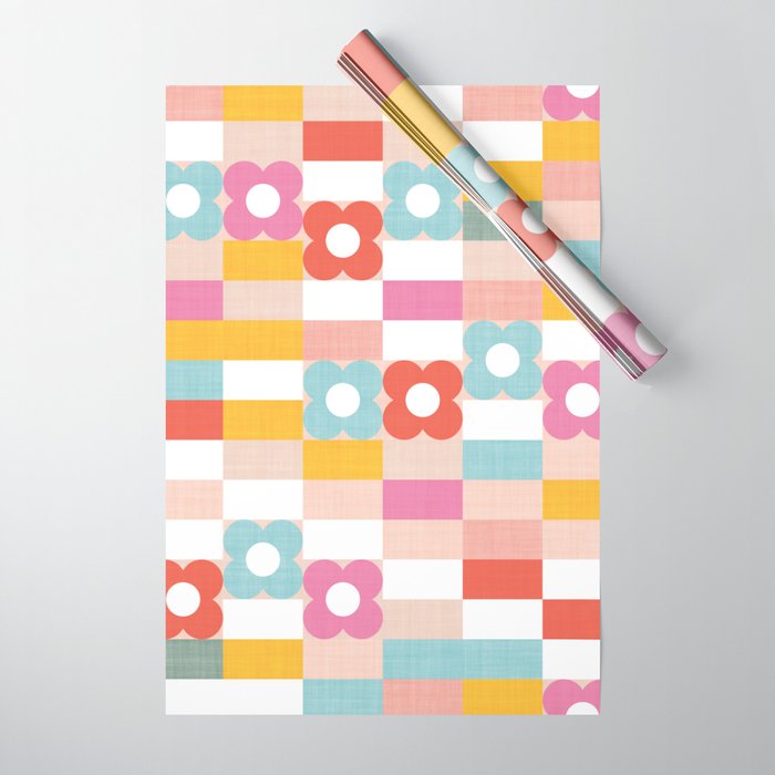 Retro Rainbow floral check pattern Wrapping Paper Gallery Image 1
