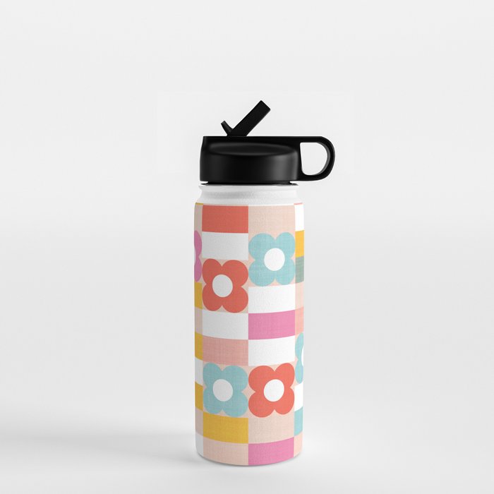 Retro Rainbow floral check pattern Water Bottle Gallery Image 1