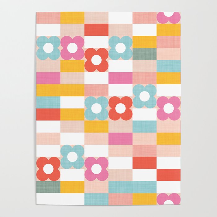 Retro Rainbow floral check pattern Poster Gallery Image 1