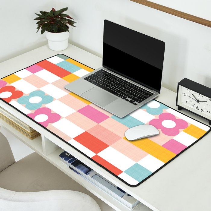 Retro Rainbow floral check pattern Desk Mat Gallery Image 2