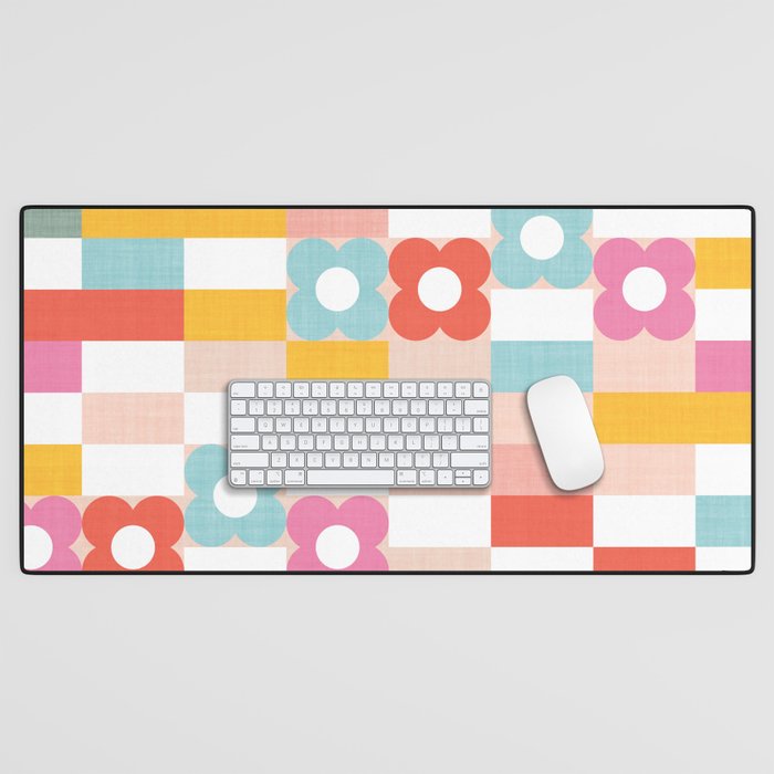 Retro Rainbow floral check pattern Desk Mat Gallery Image 1