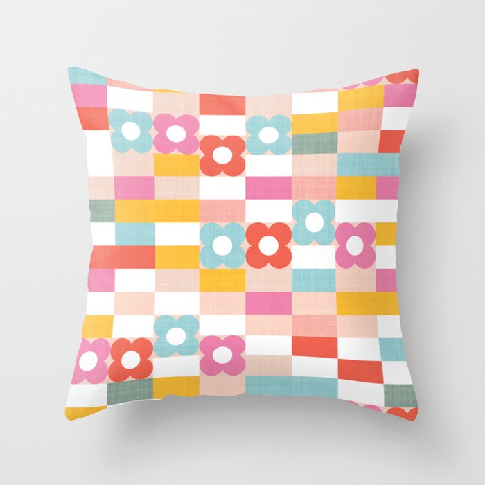 Retro Rainbow floral check pattern Throw Pillow Gallery Image 6