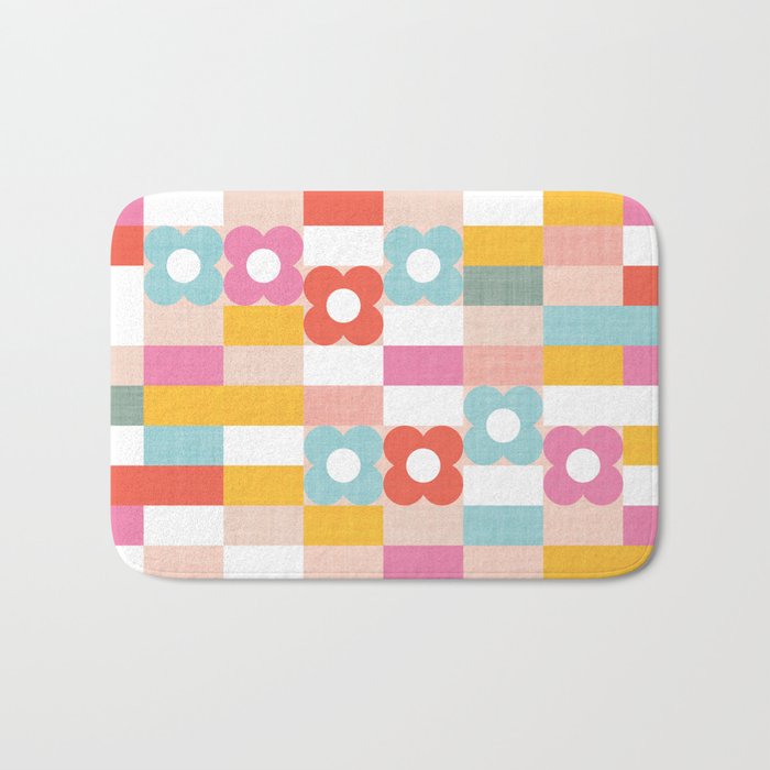 Retro Rainbow floral check pattern Bath Mat Gallery Image 1