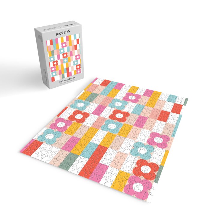 Retro Rainbow floral check pattern Jigsaw Puzzle Gallery Image 2