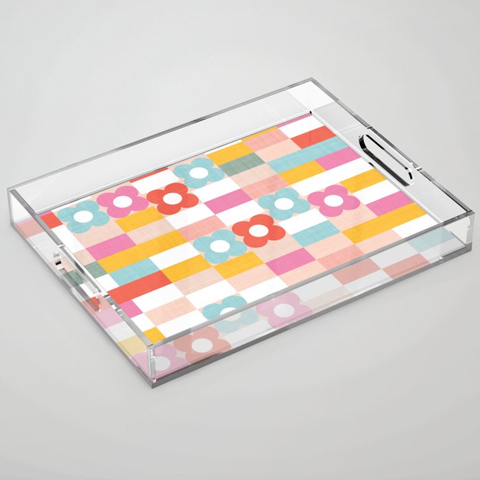 Retro Rainbow floral check pattern Acrylic Tray Gallery Image 1