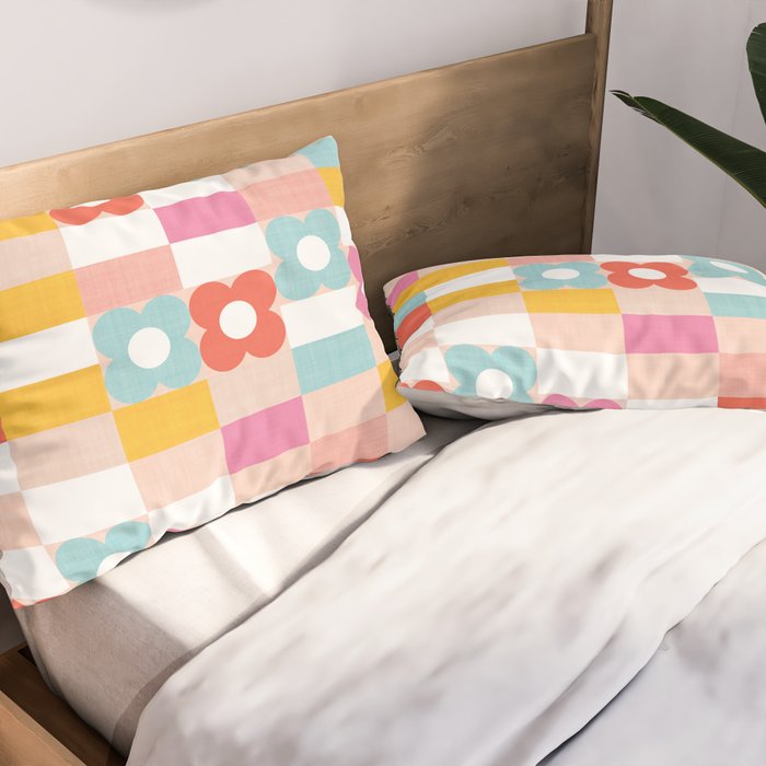 Retro Rainbow floral check pattern Pillow Sham Gallery Image 2