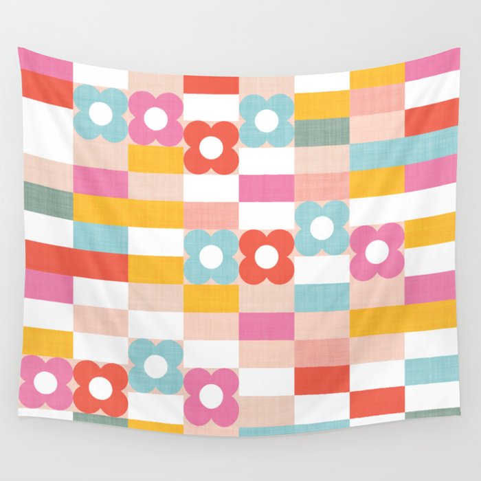 Retro Rainbow floral check pattern Wall Tapestry Gallery Image 4