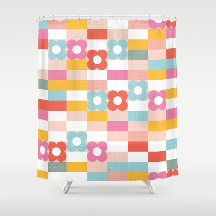 Retro Rainbow floral check pattern Shower Curtain Gallery Image 1