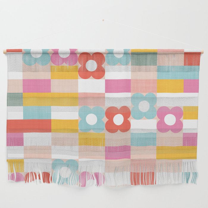 Retro Rainbow floral check pattern Wall Hanging Gallery Image 1