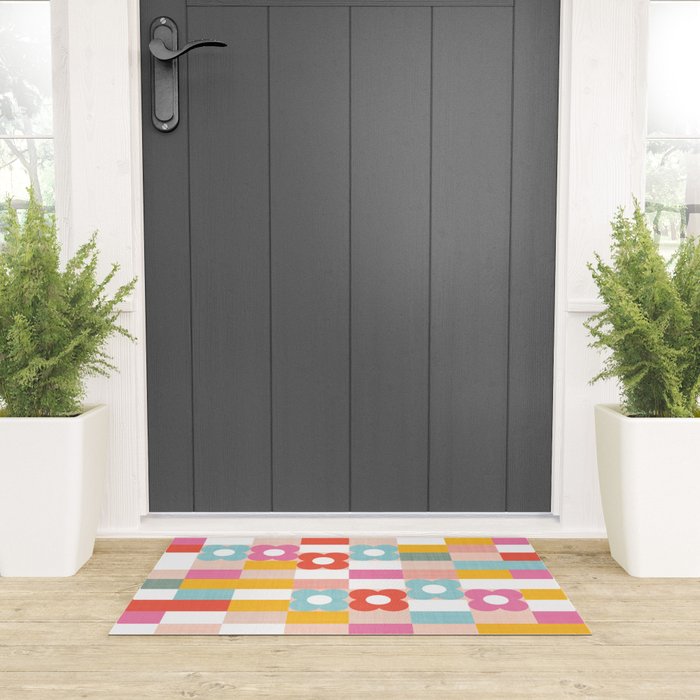 Retro Rainbow floral check pattern Welcome Mat Gallery Image 3