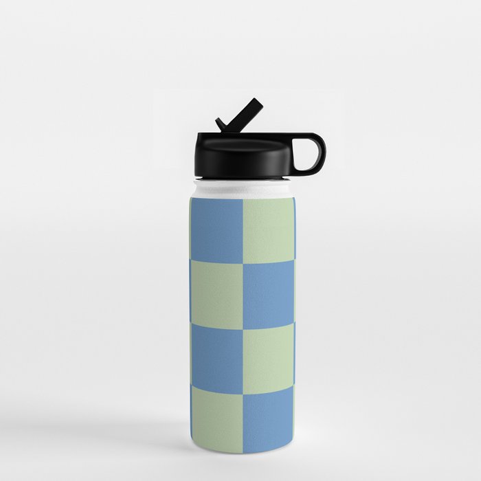 Blue and Light Green Checkerboard Pattern Water Bottle Gallery Image 1