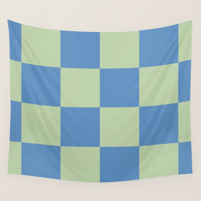 Blue and Light Green Checkerboard Pattern Wall Tapestry Gallery Image 1