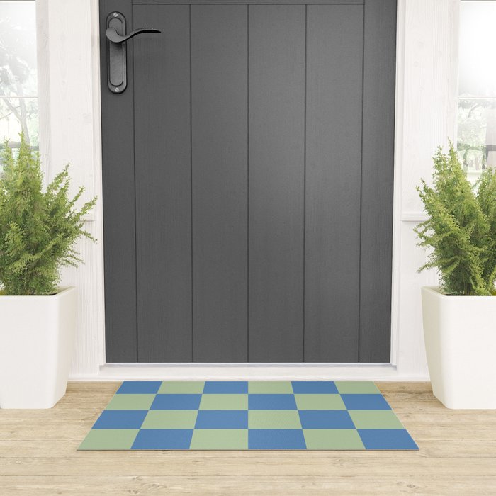 Blue and Light Green Checkerboard Pattern Welcome Mat Gallery Image 3
