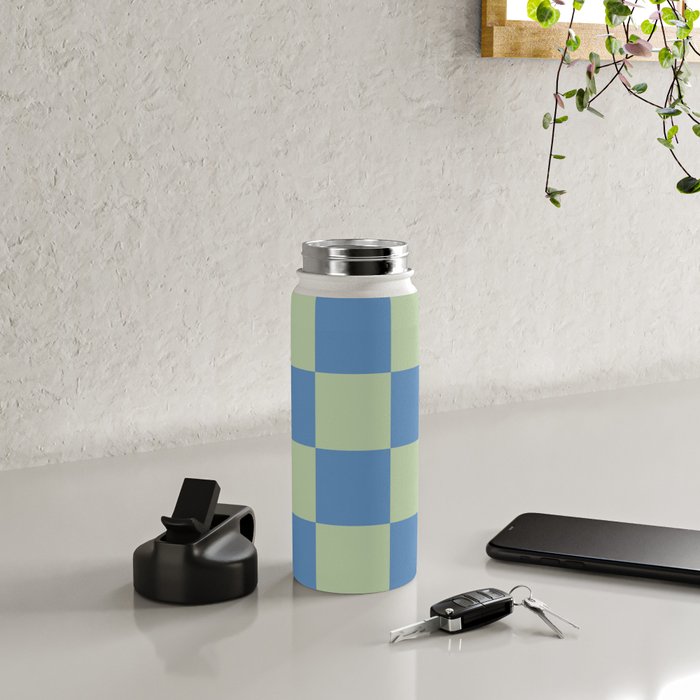 Blue and Light Green Checkerboard Pattern Water Bottle Gallery Image 4
