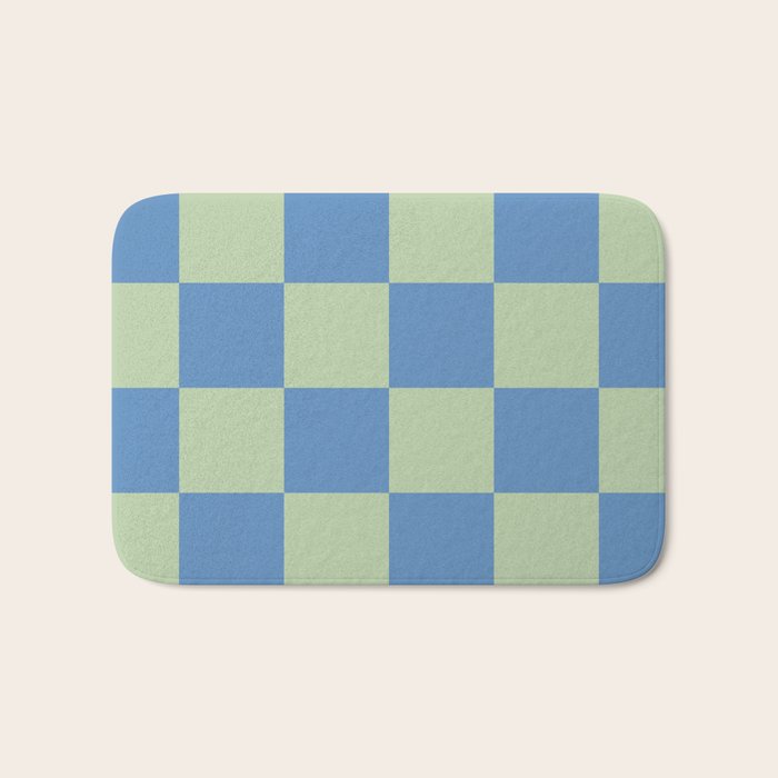 Blue and Light Green Checkerboard Pattern Bath Mat Gallery Image 1